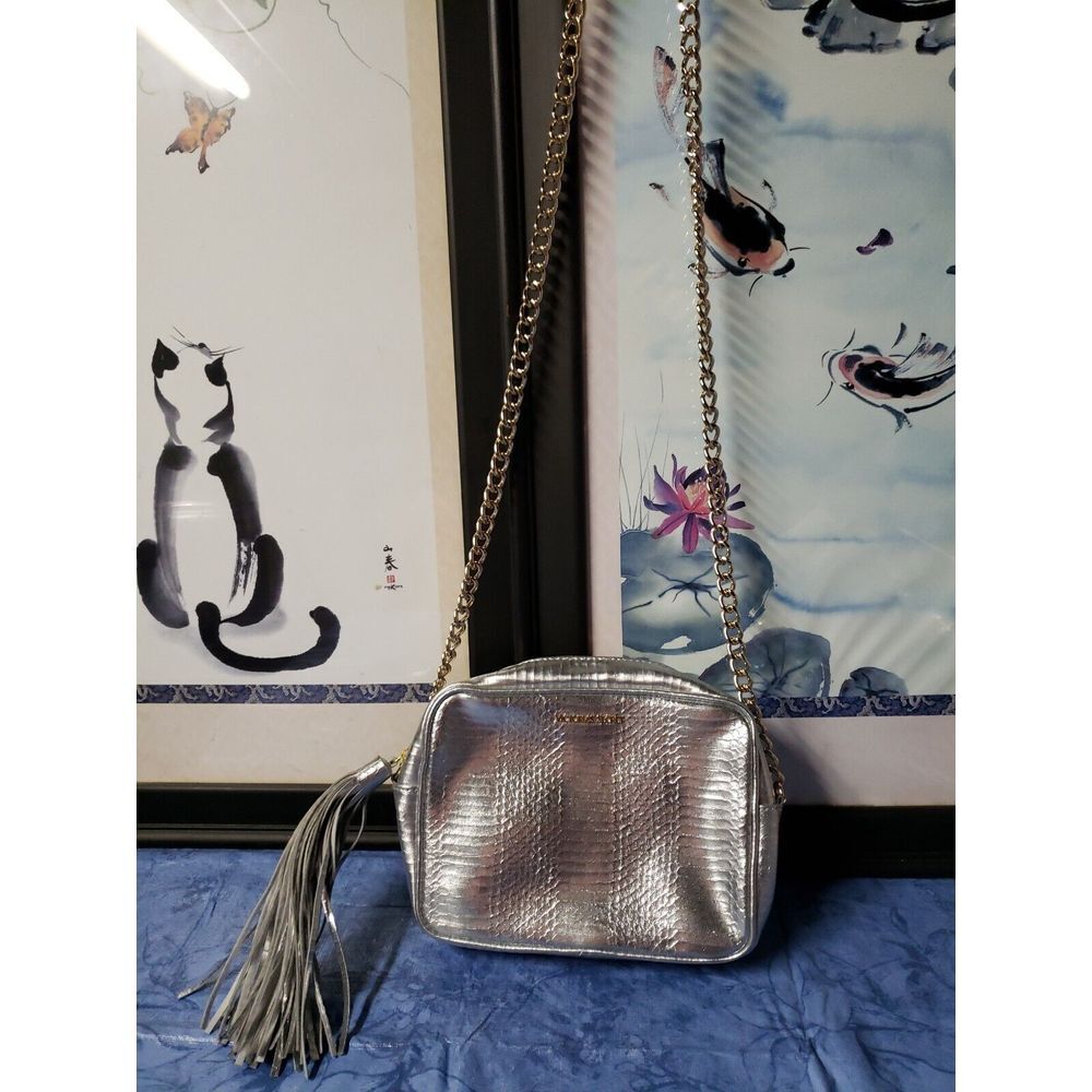Victorias Secret ‎ Metallic gray chain link gold strap w/tassel crossbody bag